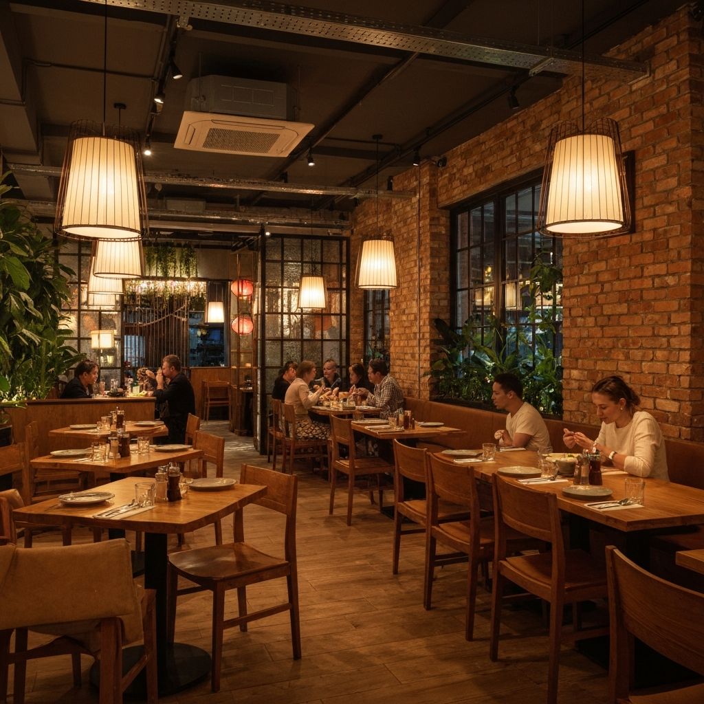 Restaurant interior with warm lighting and wood finishes